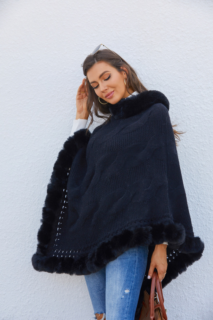 Knit Poncho with Fur Trim Detail - Black
