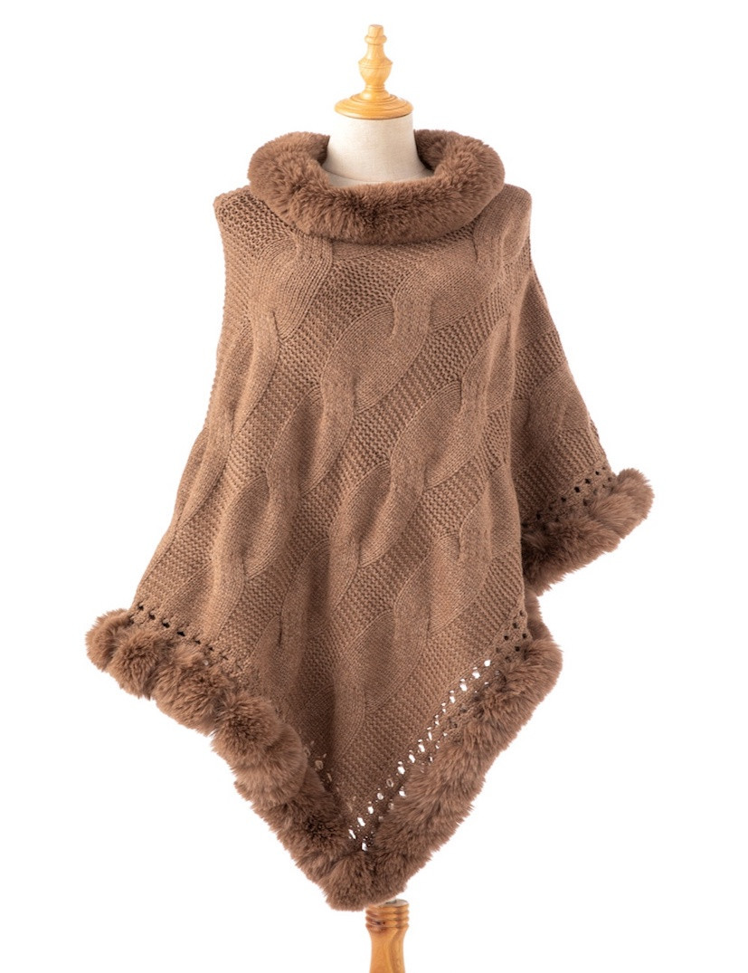 Knit Poncho with Fur Trim Detail - Coffee