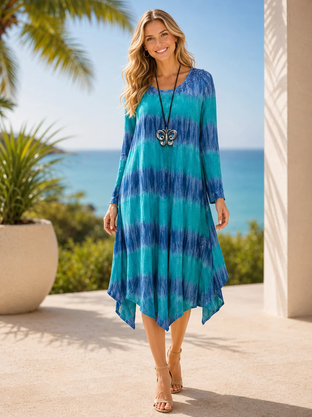 Teal & Blue Long-Sleeve Tie-Dye Dress