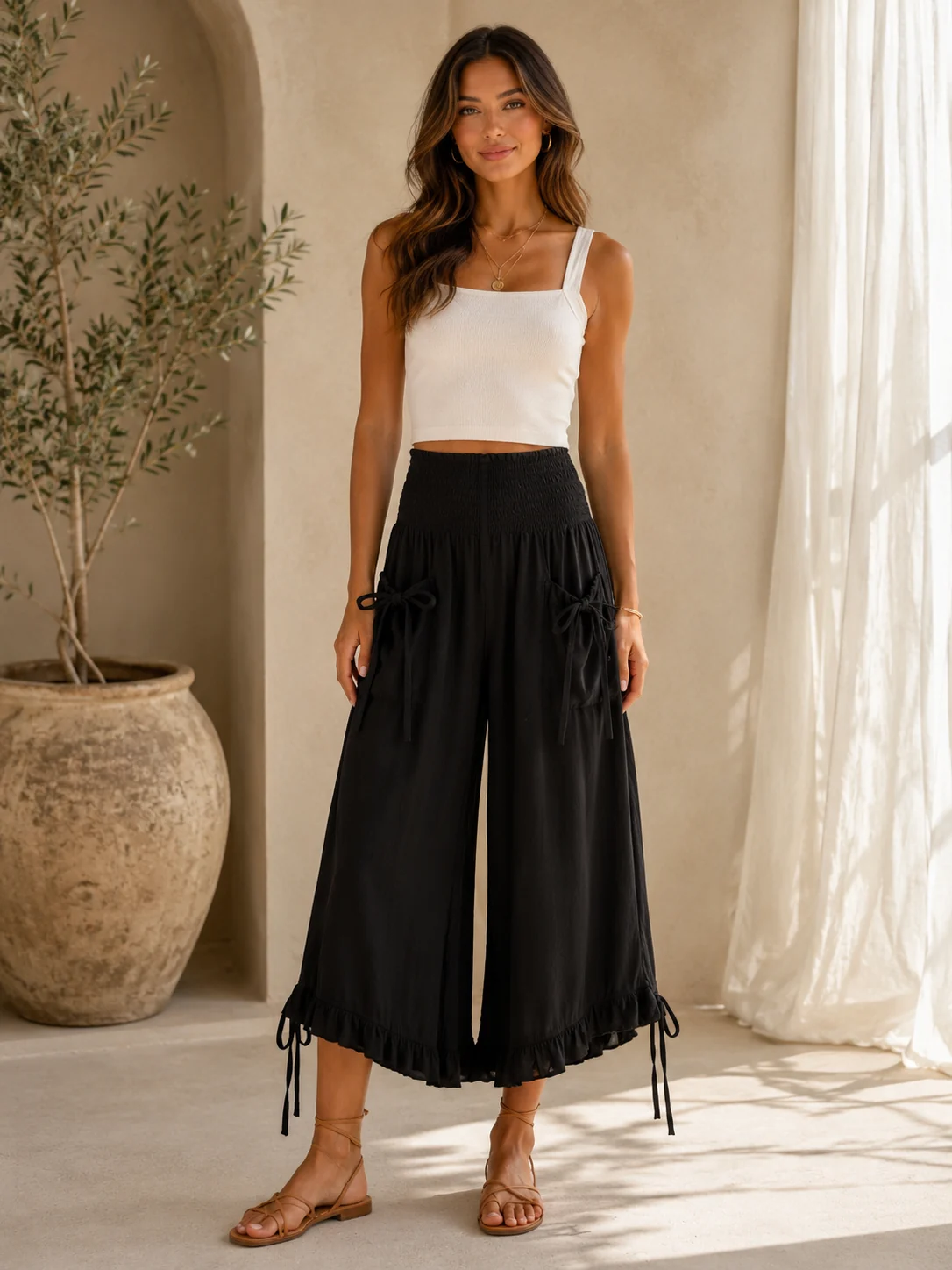 Bow-Pocket Wide-Leg Pants